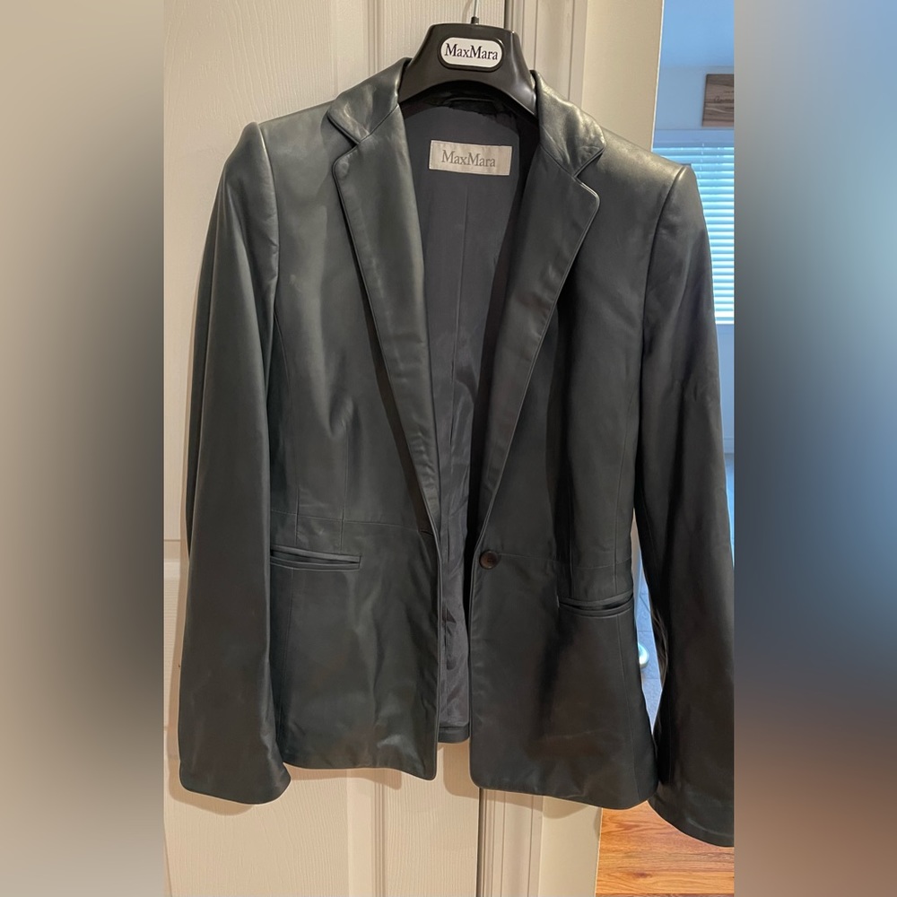 Max Mara Leather blazer in a grey blue color